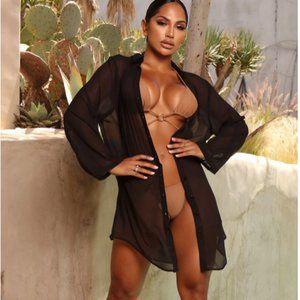 A@@@FASHION NOVA@@Sunset Dreams Sheer Swim Cover Up Oversized Top -Black  Size:S